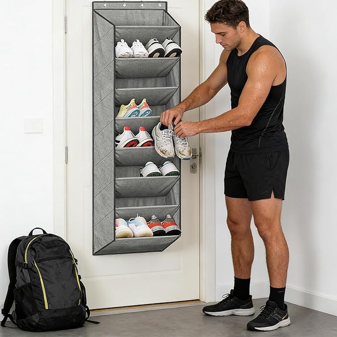 Over the Door Shoe Organizer - 8 Tiers Storage Holder, Large Deep Pocket Rack, Durable Hanging Shoe Storage | Closet Wall Door Bedroom for Dorm RV Boot Sock Headphone Organization