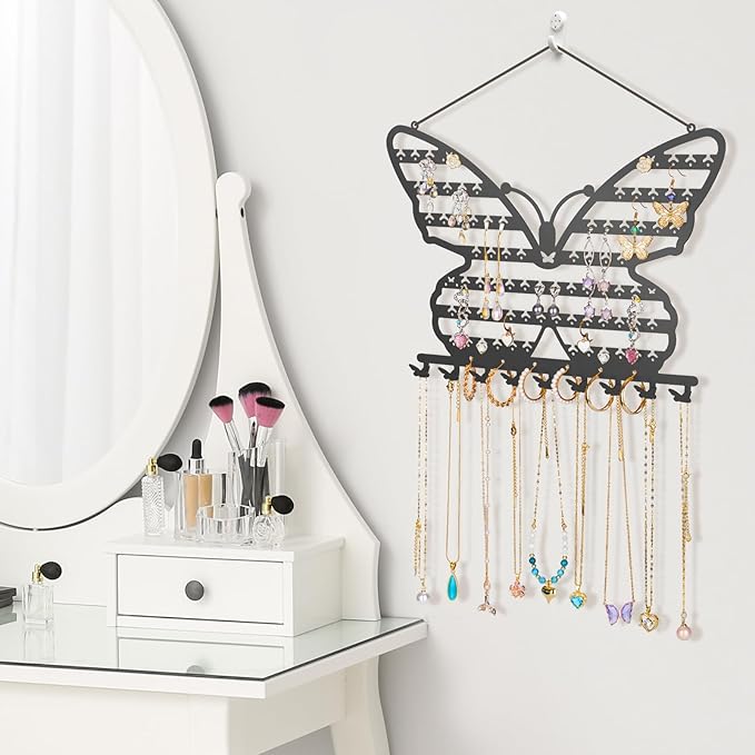 NiHome Butterfly Wall Mounted Jewelry Organizer, Decorative Metal Earring and Necklace Holder for Bedroom, Vanity, or Closet, Stylish Organizer with Easy Hanging for Fashion Lovers (Black)