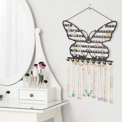 NiHome Butterfly Wall Mounted Jewelry Organizer, Decorative Metal Earring and Necklace Holder for Bedroom, Vanity, or Closet, Stylish Organizer with Easy Hanging for Fashion Lovers (Black)