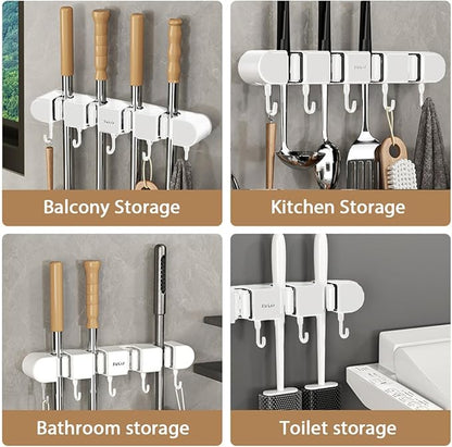 2Pcs Broom Holder Wall Mount, No-Drilling Self-Adhesive Mop and Broom Storage Rack with Hooks (4 Racks with 5 Hooks), Wall-Mounted Broom Hanger for Bathroom, Kitchen, Closet, Garage (White ﻿)