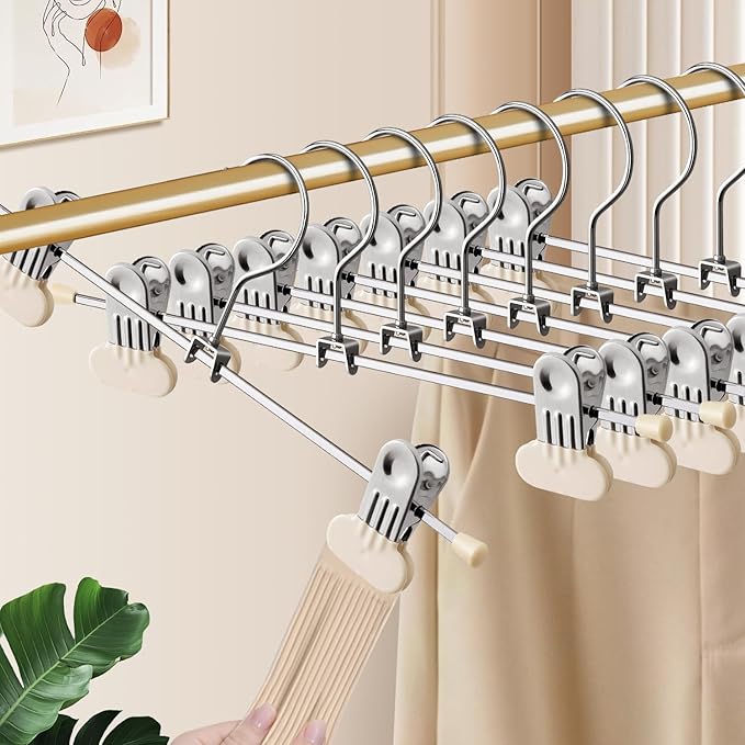 Pants Hangers with Wide Clips 30 Pack Adjustable Skirt Hangers for Women Non-Slip Clothes Hanger for Pants Heavy Duty Space Saving Trousers Hanger for Jeans,Shorts Ivory,12Inch