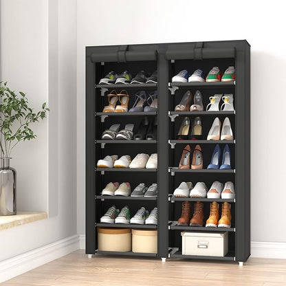 JIUYOTREE 7-Tier Shoe Storage Organizer with Dustproof Cover - Closet Cabinet Shelf Holds up to 28 Pairs - For Doorway, Corridor, Balcony, Living Room - Black