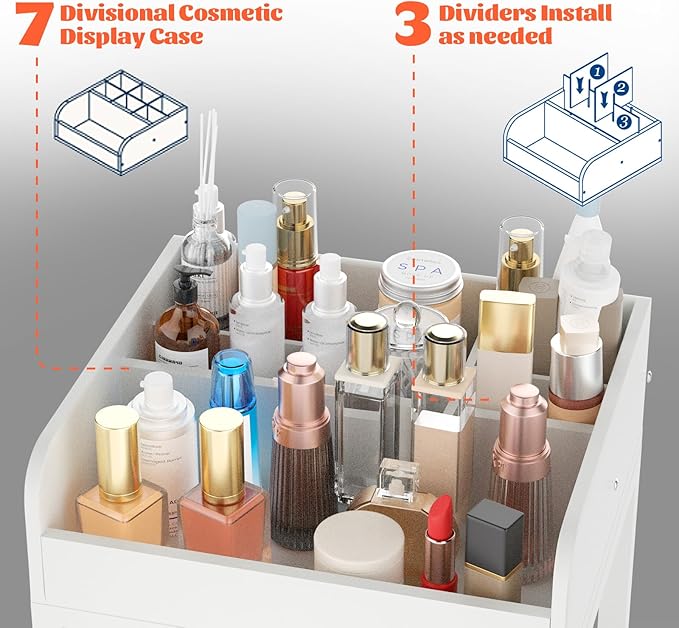 Makeup Organizer Cart, Rolling Floor Skincare Organizer and Storage with 2 Drawers, Versatile Makeup Vanity Display Cases Holder for Skin Care, Cosmetics, Perfume, Nail Polish, Makeup Brush, Hair Tool
