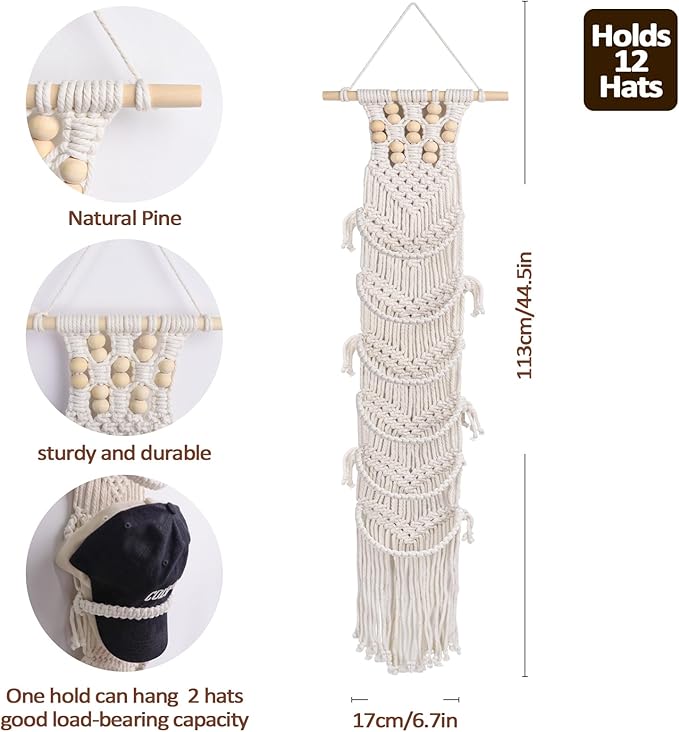SelfTek 1 Pack Hat Organizer for Baseball Ca-ps, Macrame Hat Holder For Wall, Hat Racks for Wall Door, Boho Hat Hanger Decorative Hat Storage for Baseball C-aps [ Up to 12 C-aps ]