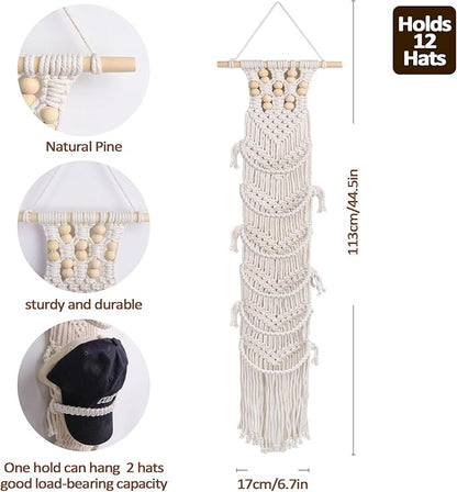 SelfTek 1 Pack Hat Organizer for Baseball Ca-ps, Macrame Hat Holder For Wall, Hat Racks for Wall Door, Boho Hat Hanger Decorative Hat Storage for Baseball C-aps [ Up to 12 C-aps ]