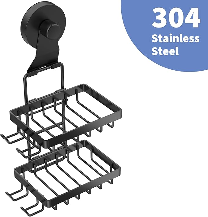 Moforoco Soap Bar Holder for Shower, No Drilling, 304 Stainless Steel, Wall Mounted Soap Holder with 4 Hooks and Razor Holder, Shower Rack Soap Tray Bar Soap for Bathroom (Black, 2-T Suction Cup)