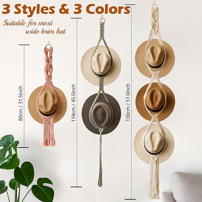 Boho Hat Organizer Rack, Macrame Hat Hanger, Handmade Hat Holder for Wall Hanging, Hat Storage for Wide-Brim Hats, Bohemian Hat Display for Bedroom, Living Room, Office(3 Styles & 3 Colors)