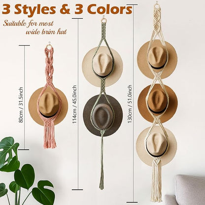 Boho Hat Organizer Rack, Macrame Hat Hanger, Handmade Hat Holder for Wall Hanging, Hat Storage for Wide-Brim Hats, Bohemian Hat Display for Bedroom, Living Room, Office(3 Styles & 3 Colors)