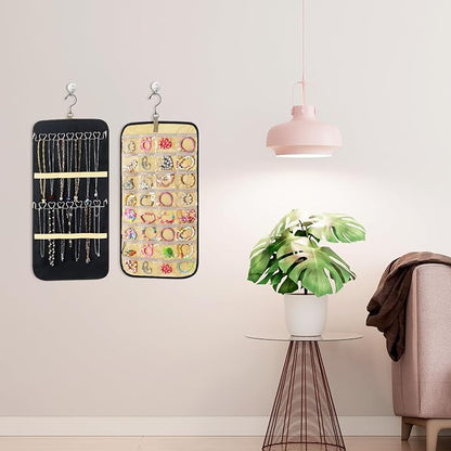 2 Pack Hanging Jewelry Organizer Storage with 32 Pockets and Hooks Dual-Sided Hanging Jewelry Organizers and Storage Hang on Closet, Wall, Door for Earrings, Necklaces, Rings,Blcak
