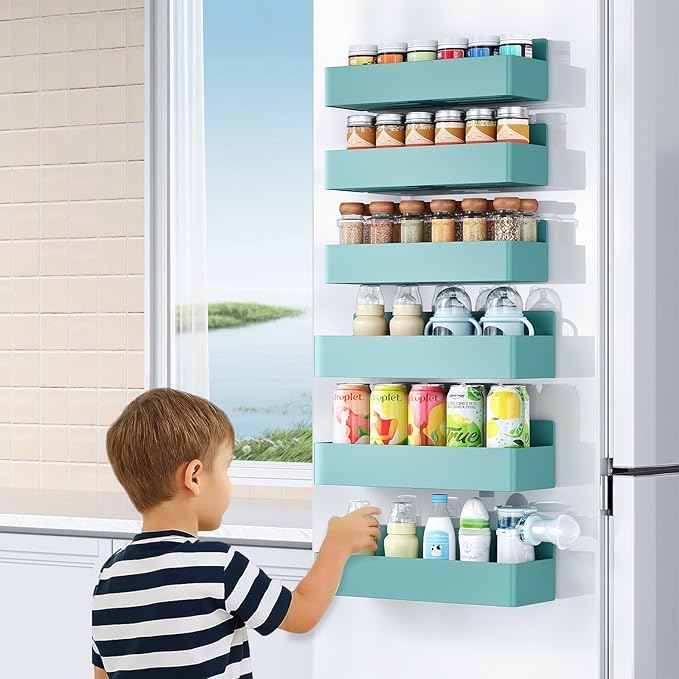 Mystozer Magnetic Spice Rack for Refrigerator, Kitchen Organizer and Storage Shelf, Blue (6 Pack)…