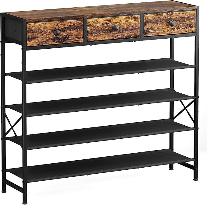 Shoe Rack, 5 Tier Shoe Organizer with 3 Drawers, Metal Shoe Storage for 24-30 Pairs of Shoes with Fabric Shelves and Wooden Top, Narrow Shoe Shelf for Closet Entryway Rustic Brown