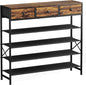 Shoe Rack, 5 Tier Shoe Organizer with 3 Drawers, Metal Shoe Storage for 24-30 Pairs of Shoes with Fabric Shelves and Wooden Top, Narrow Shoe Shelf for Closet Entryway Rustic Brown