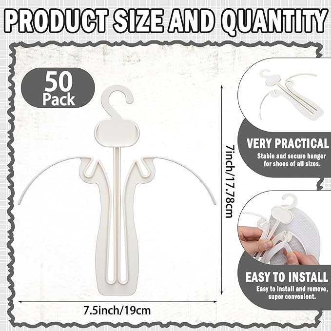 Novabright 50 Pcs Sandal Hangers 7 Inch Plastic Flip Flop Holder Organizer Small Shoe Hooks Hanging Rack Shoe Hangers for Retail Beach Shop Display Home Storage(White)