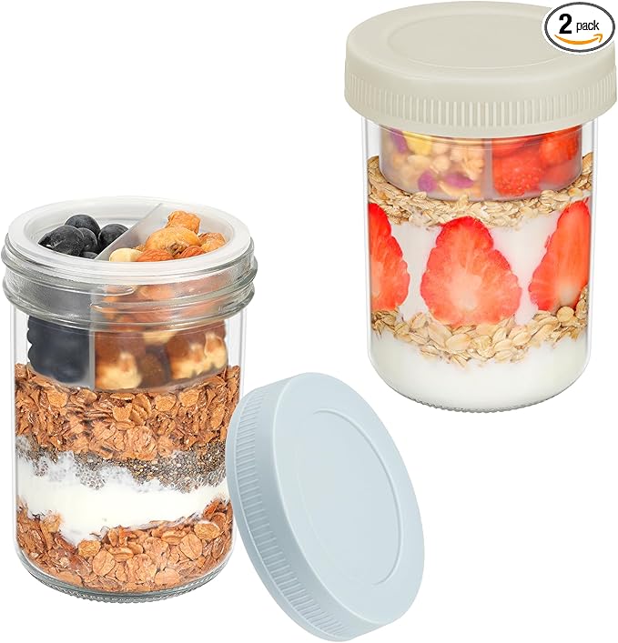 Xyptorix 16 oz Overnight Oats Containers with Airtight Lids - 2-Pack Leak-Proof Wide Mouth Mason Jars & Divided Cups for Dried and Wet Foods, Glass Jars for Chia Pudding, Salad, Snacks, and Yogurt