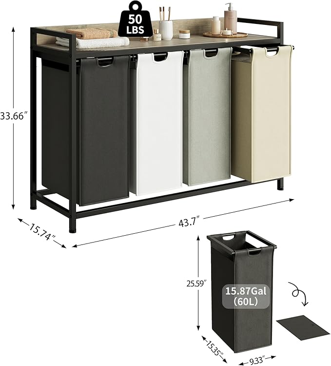 Herture Laundry Hamper with Shelf, Laundry Basket 4 Section, Laundry Sorter with Pull-Out Removable Large 4 Color Bags and Movable Wheels, Metal Frame, 4 x 15.87 Gallons (60L),Greige PF07XLZ