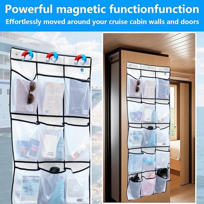 Cruise Magnetic Door Organizer with Hooks, Over the Door Organizer for Cruise Ship Cabins, 15 Mesh Pockets, Magnetic Shoe Organizer, White, 60 x 24 in