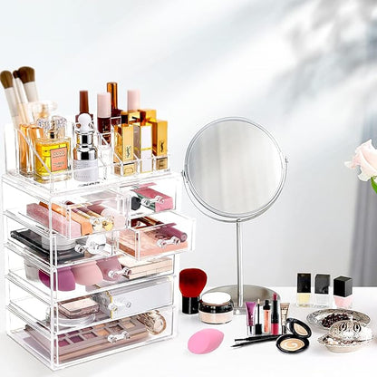 Clear Makeup Organizer with Brush Holder, Large Acrylic Cosmetic Display Jewelry & Make Up Organizers and Storage for Vanity, Bathroom (3 Large, 4 Small Drawers, Clear)