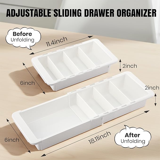Enhon Expandable Sliding Drawer Organizer for Kitchen Drawers, Deep Drawer Organizer Tray with Adjustable Dividers, Sliding Kitchen Drawers Tray for Utensils, Silverware & Accessories, 11.4”–18”,White