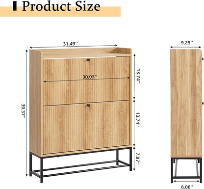 RARZOE Fluted Shoe Cabinet for Entryway with 2 Flip Drawers, Narrow Wood Shoe Cabinet with Fluted Panel, Slim Hidden Shoe Organizer Closed Shoe Rack with Metal Legs for Foyer,Hallway(31.5''Natural)