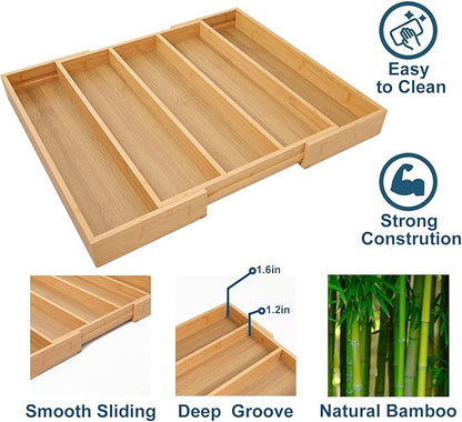 Fibogollo Expandable Kitchen Drawer Organizer,Bamboo Silverware Organizer,Adjustable Flatware Tray for Utensils(16.92 * 13.30~22.83 * 1.96)