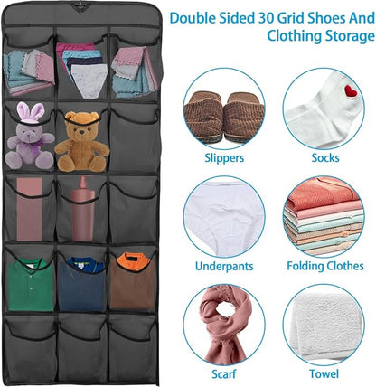 30 Large Pockets Dual Sided Hanging Shoe Organizer Double-Side Closet Storage Shelves with Rotating Hanger Space Saving Storage Bag Portable Shoe Rack Holder for Bedroom Laundry Room,Black
