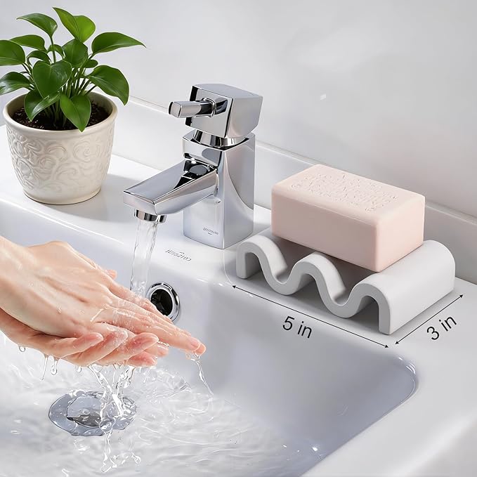 Diatomite Soap Dish Quick Drying Bar Soap Holder Draining Soap Saver Rack Wave Pattern Sponge Tray for Bathroom Sink, Shower, Kitchen, Light Grey