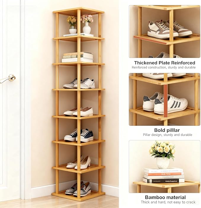 Aniston 8 Tier Bamboo Shoe Rack, Free Standing Slim Narrow Shoe Storage, Vertical Tall Shoe Shelf Organiser for Garage, Closet, Doorway, Corner, Living Room Small Spaces