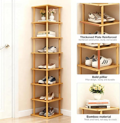 Aniston 8 Tier Bamboo Shoe Rack, Free Standing Slim Narrow Shoe Storage, Vertical Tall Shoe Shelf Organiser for Garage, Closet, Doorway, Corner, Living Room Small Spaces