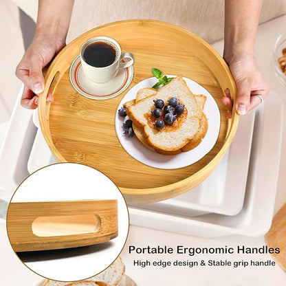 Wooden Lazy Susan Organizer for cabinet-12 Inch Bamboo Kitchen Turntable Organizer with Double Handles-Large Bamboo Lazy Susan for Table Top, Countertop, Cabinet, Pantry, Dining Table