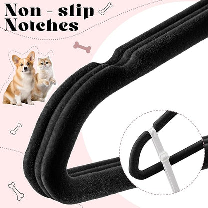 Weysat 24 Pcs Dog Clothes Hangers 11'' Non-Slip & 360° Swivel Velvet Small Pet Black Hangers for Cats/Dogs with Rustproof Metal Hooks, Space-Saving for Home Storage & Grooming Salons Minimalism