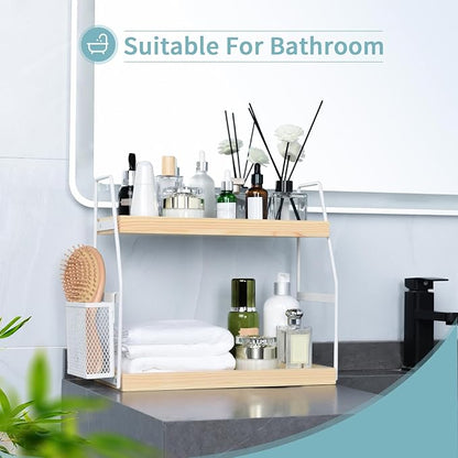 Bathroom Counter Organizer, 2-Tier Standing Storage Shelf with Basket, Wood Tray for Skincare Vanity Organizer(White)