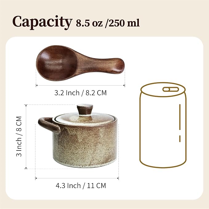 Handcrafted Speckled Ceramic Salt Cellar with Wooden Spoon, Rustic Vintage Spice Jar, Dishwasher Safe, 8.45 fl oz (Peckled Ceramic set of 2)
