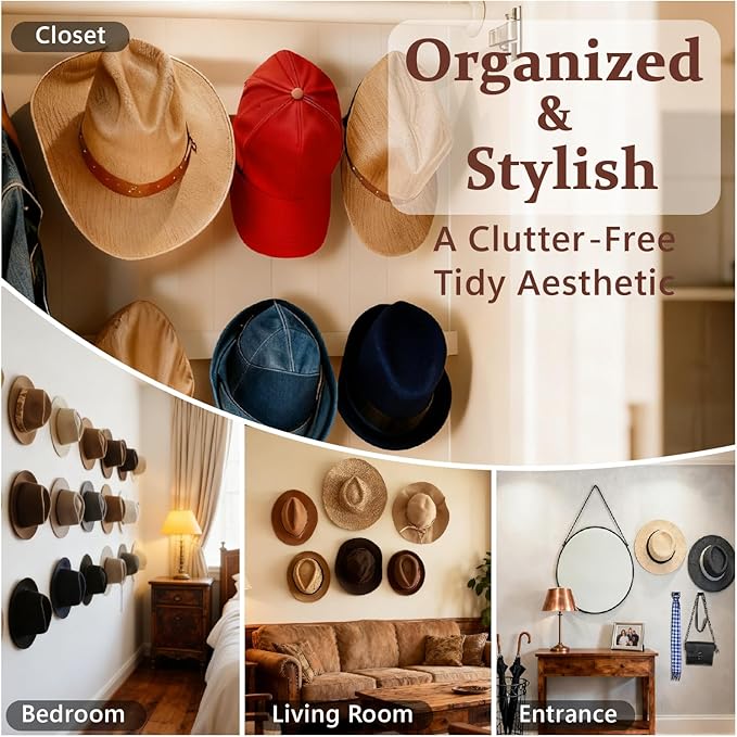 NANATI 3.15 inches Metal Hat Hooks for Wall, 6 Packs Cowboy Hat Holder, Hat Rack for Storage, Hat Organizer for Baseball Caps, Strong Adhesive Cap Holder, Cowboy Hat Hanger for Western Room Decor