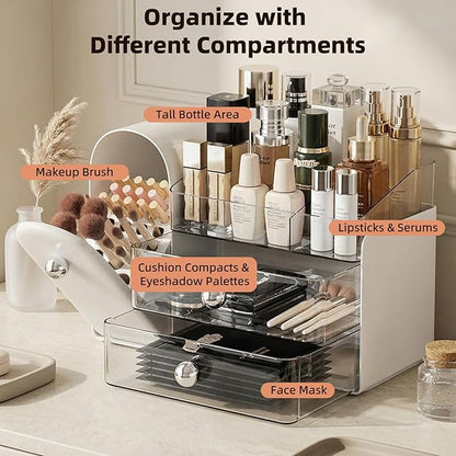 Makeup Organizer with Dustproof Brush Holder, Large Capacity Skincare & Cosmetic Storage for Vanity, 3-Tier Bathroom Countertop Organizer with Drawers for Perfume, Lipstick, Mask, Ideal Gift (White)