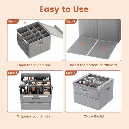 PHINOX Shoe Organizer for Closet, Fits 12-24 Pairs, Shoe Storage Bins with Clear Cover and Reinforced Handles, Foldable Shoe Storage Organizer, Space Saving Shoe Holder for Wardrobe, 2 Pack Gray