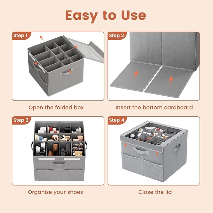 PHINOX Shoe Organizer for Closet, Fits 12-24 Pairs, Shoe Storage Bins with Clear Cover and Reinforced Handles, Foldable Shoe Storage Organizer, Space Saving Shoe Holder for Wardrobe, 1 Pack Gray