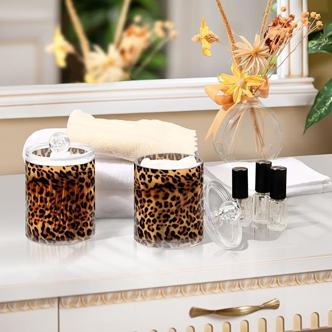 Kigai Leopard Print Qtip Holder - 14OZ Clear Plastic Apothecary Jars Bathroom Canister Dispenser Organizer Vanity Storage Jar with Lid for Cotton Ball, Cotton Swab, Floss (4PACK)