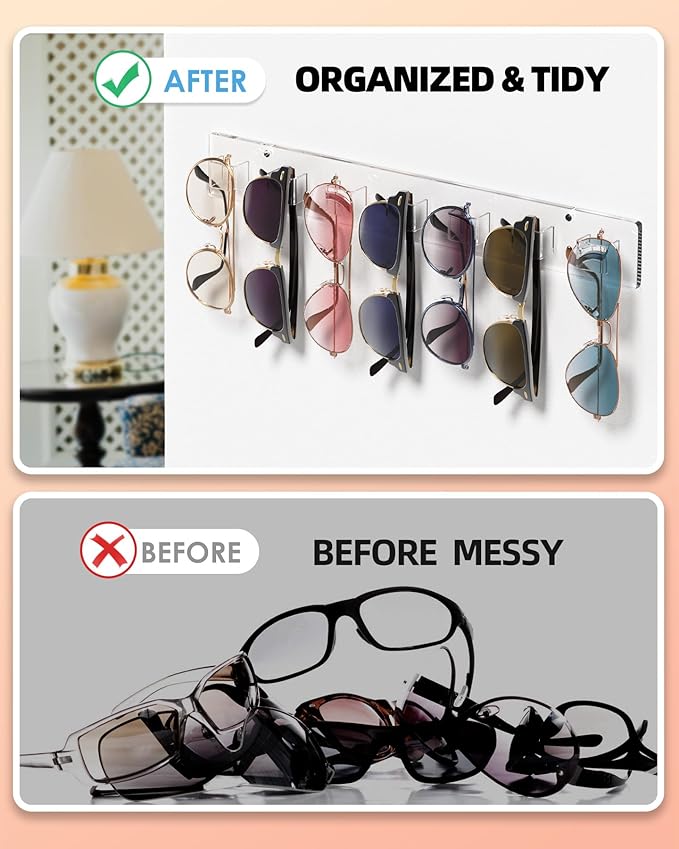 MaxGear Sunglasses Organizer Wall Mount, 4-Pack Acrylic Eyewear Display Holder with 28 Slots, for Glasses/Sunglasses Storage, Includes Adhesive Tape & Screws, Clear Wall Mounted Shelf for Closet, Door