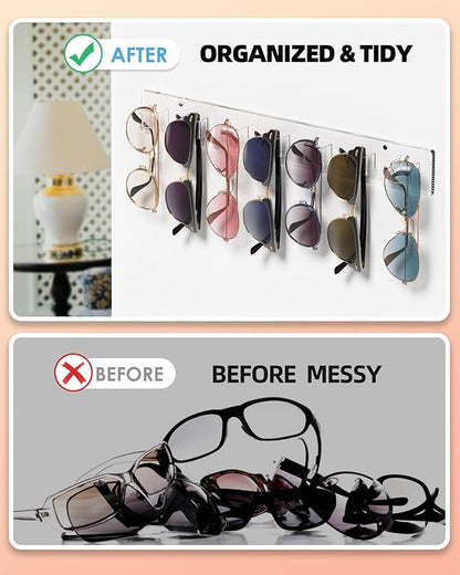 MaxGear Sunglasses Organizer Wall Mount, 4-Pack Acrylic Eyewear Display Holder with 28 Slots, for Glasses/Sunglasses Storage, Includes Adhesive Tape & Screws, Clear Wall Mounted Shelf for Closet, Door