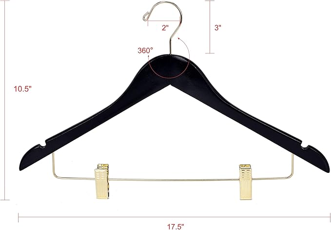 Quality Wooden Skirt Hangers with Clips, 10-Pack Smooth Solid Wood Pants Hangers with Durable Adjustable Metal Clips, Swivel Hook, Coat, Jacket, Blouse Suit Hangers (Black - Gold Hook, 10)