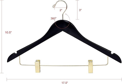Quality Black Wooden Skirt Hangers with Clips, 20-Pack Smooth Solid Wood Pants Hangers with Durable Adjustable Metal Clips, Swivel Hook, Coat, Jacket, Blouse Suit Hangers (Black-Gold Hook, 20)