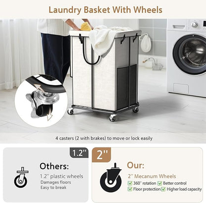 40 Gal Large Laundry Hamper with Lid, Rolling Laundry Basket with Wheels, Oxford Fabric Dirty Clothes Hampers with Removable Laundry Bag & Metal Frame for Bedroom, Laundry Room, Bathroom, Dorm(White)