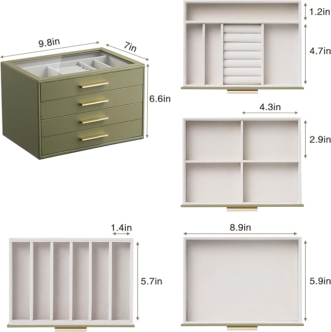 Jewelry Box Organizer Case for Women: 4-Layer Jewelry Storage Case with Glass Window, Olive Green Leather with Cream Velvet, Holder for Ring Necklace Bracelet Brooch Watch, Great Gift for Her