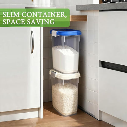 Large Rice Storage Container 20 Lbs - Tall Flour Container with Scoop + Cup - Slim Dry Food Storage Bin for Cereal, Sugar, Beans, Pet Dog Cat Food Container - Kitchen and Pantry Storage Organization