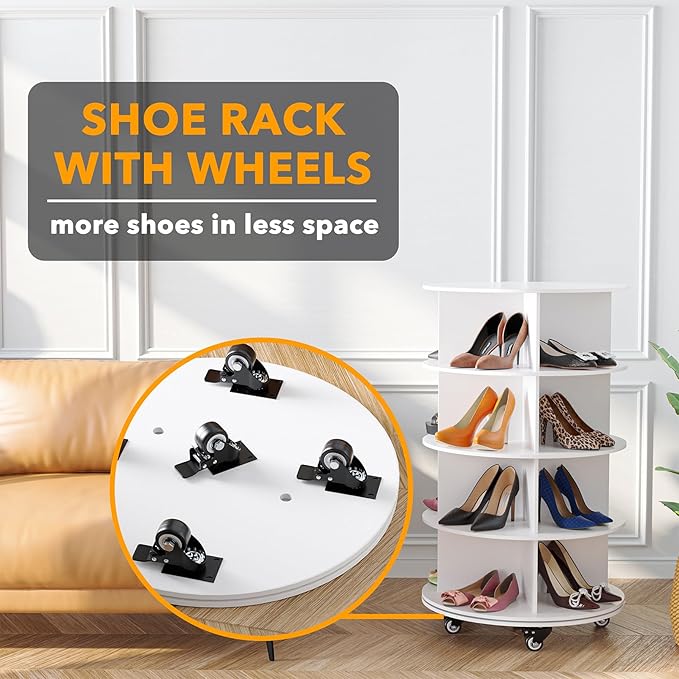 SpaceAid Spinning Shoe Rack with Wheels, 4 Tier Rotating Organizer Shoe Tower Lazy Susan with Thick Bottom, 360 Display Revolving Storage Shelf, Round Circular Rotate Organization, White