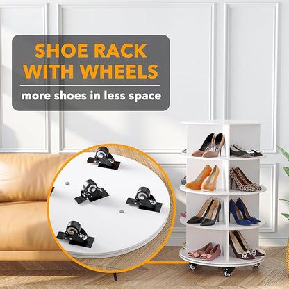 SpaceAid Spinning Shoe Rack with Wheels, 4 Tier Rotating Organizer Shoe Tower Lazy Susan with Thick Bottom, 360 Display Revolving Storage Shelf, Round Circular Rotate Organization, White