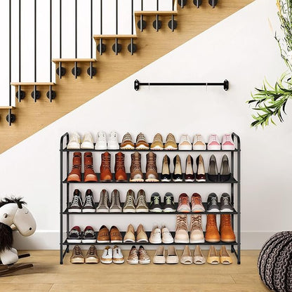 KIMBORA 4 Tier Long Shoe Rack for Closet Floor, Wide Shoe Shelf Storage Organizer 30-Pairs Stackable Sneaker Organizer for Closet, Bedroom (Black)