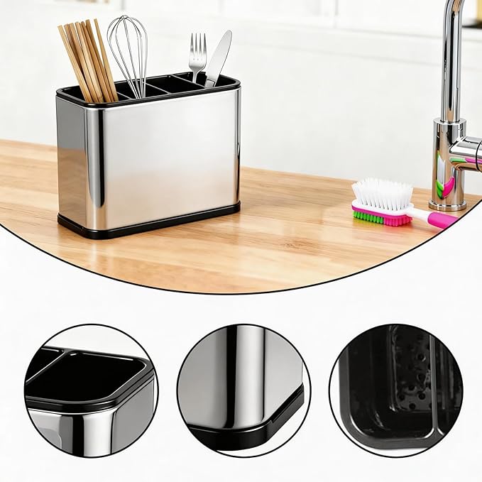 2 Pack Rotating Utensil Holder, 360° Spinning Stainless Steel Kitchen Utensil Holder, Countertop Cutlery Organizer Caddy with Removable Base for Forks, Knives, Spoons, Silver