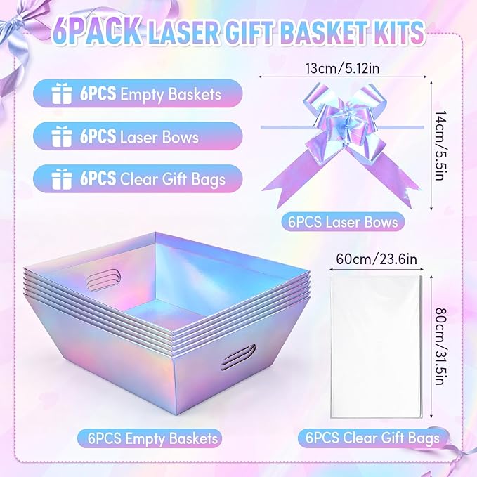 AFOROEOA 6PACK Laser Baskets for Gifts Empty, 12x10x4” Holographic Iridescent Gift Basket Kit with 6 Bows & 6 Bags - Kraft Empty Gift Baskets for Christmas, Weddings, Birthdays, Holiday Gifting Hampers