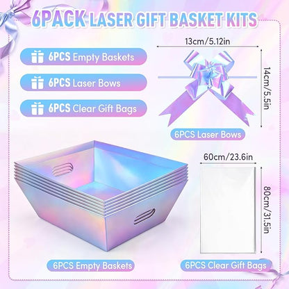 AFOROEOA 6PACK Laser Baskets for Gifts Empty, 12x10x4” Holographic Iridescent Gift Basket Kit with 6 Bows & 6 Bags - Kraft Empty Gift Baskets for Christmas, Weddings, Birthdays, Holiday Gifting Hampers